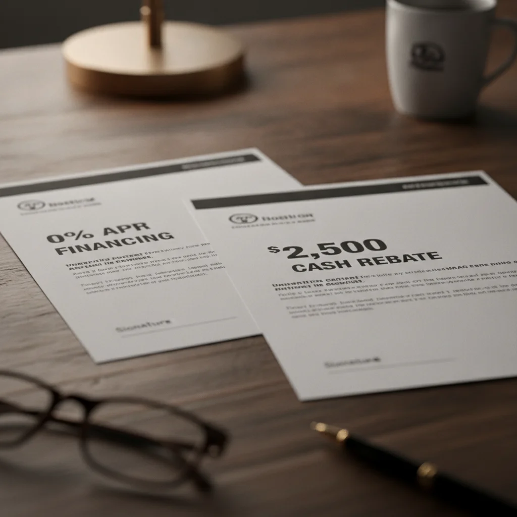 Two dealer financing documents side by side showing 0% APR offer and cash rebate amount options