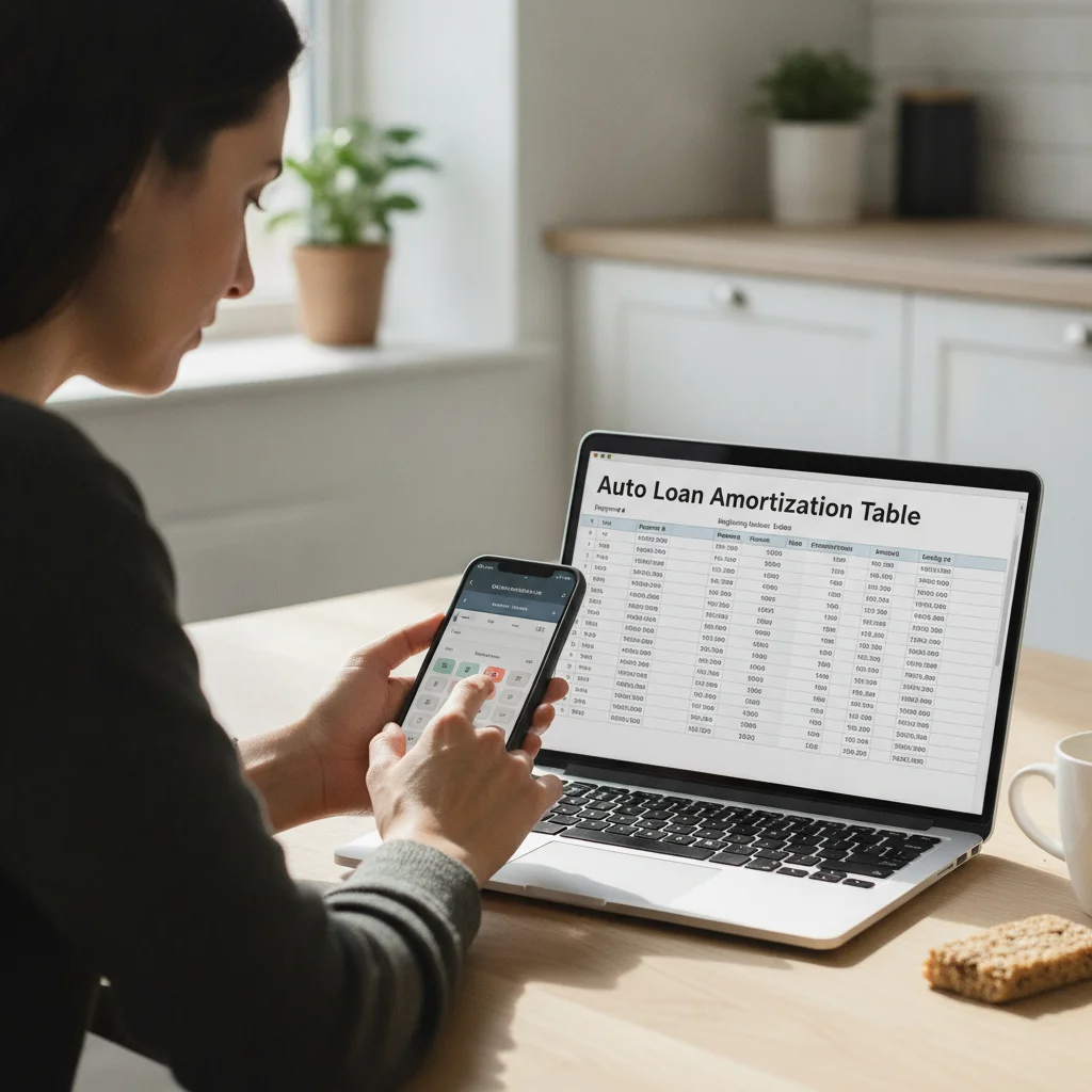 Person calculating auto loan costs on a smartphone next to a laptop showing an amortization table