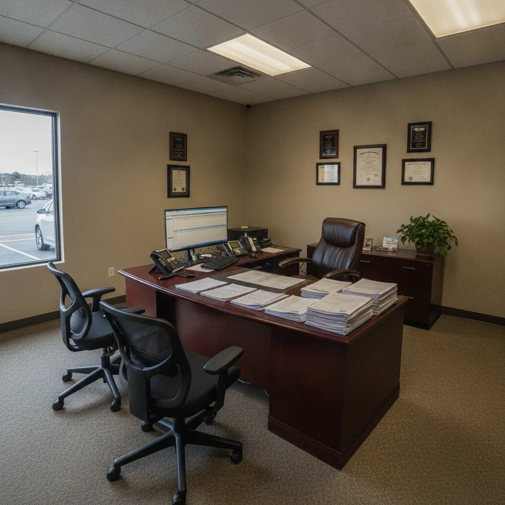 Empty car dealership finance and insurance office with desk, computer, and chairs for buyer negotiations