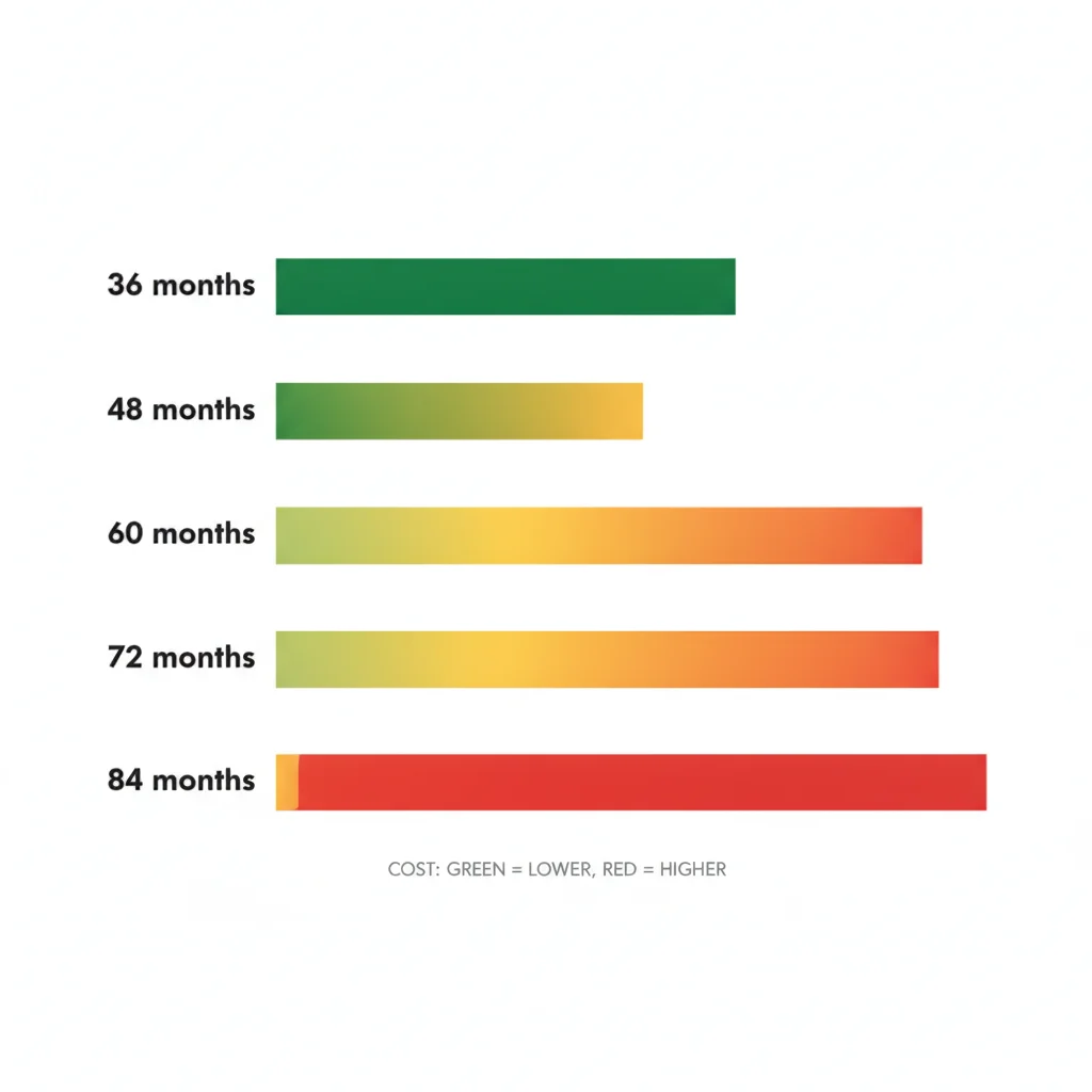 Horizontal bar chart illustrating the five standard auto loan terms from 36 to 84 months