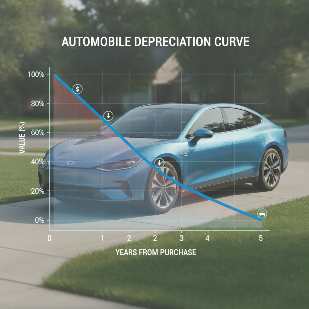 Car in driveway with depreciation curve graph showing steep value loss in early years