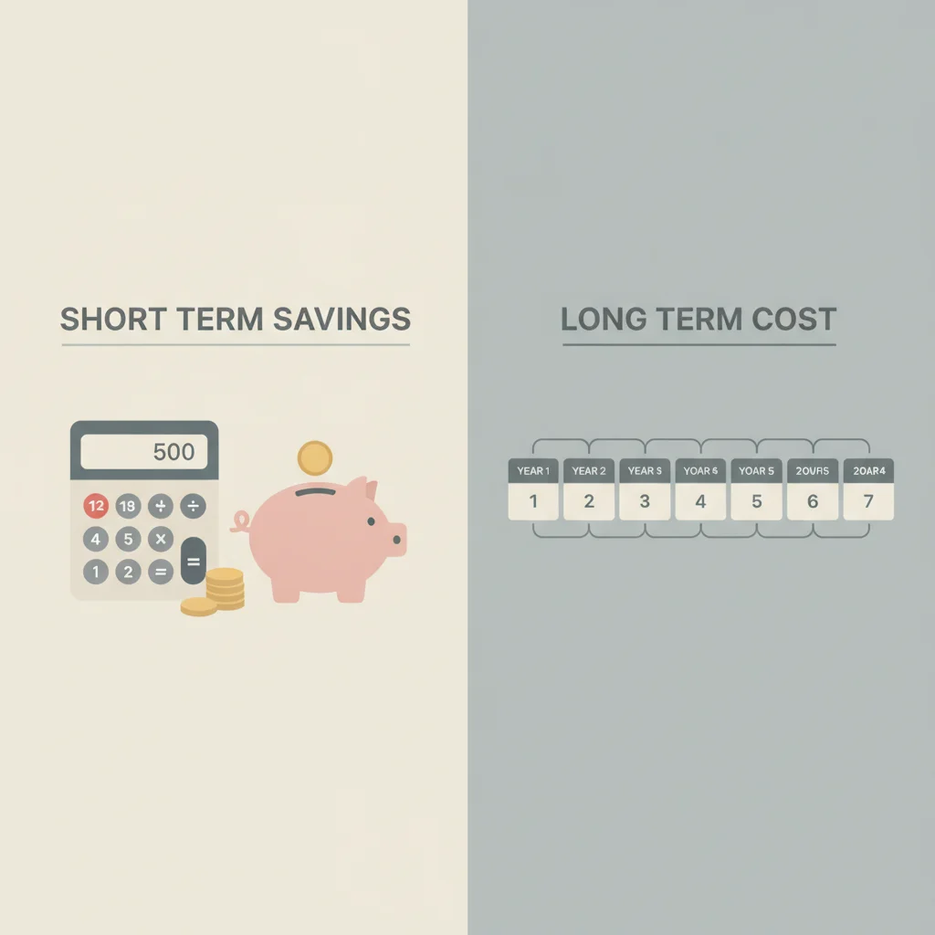 Split illustration comparing short-term payment savings with long-term total interest costs on auto loans