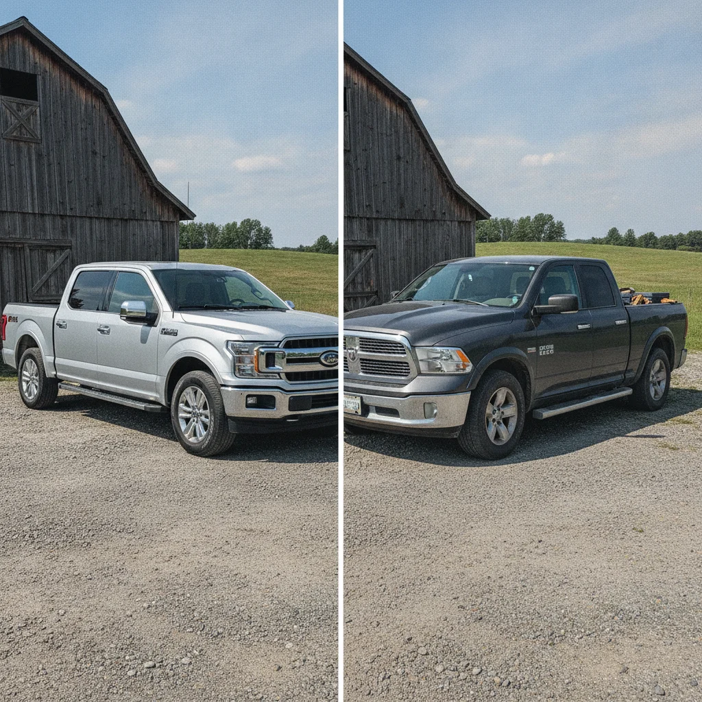 Two similar pickup trucks parked side by side showing a new model next to a well-maintained older model
