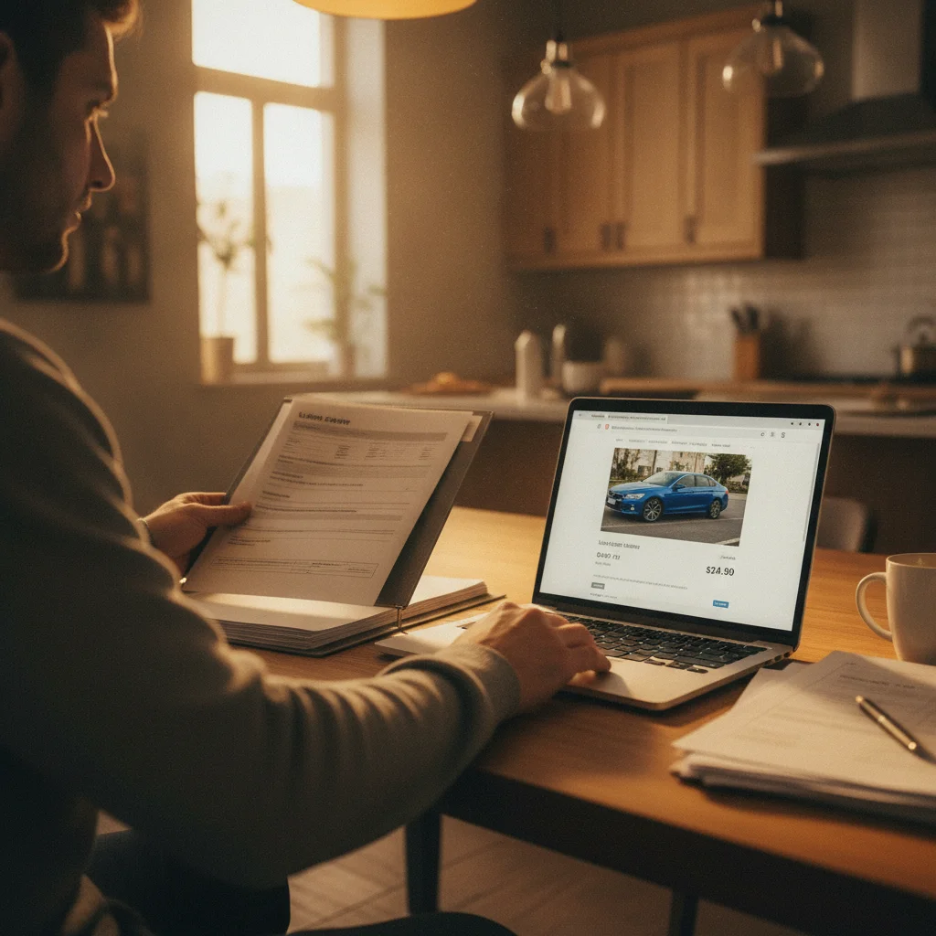 Person reviewing vehicle paperwork and used car listings on a laptop at a kitchen table