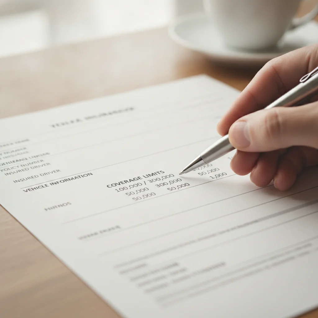 A pen pointing to coverage limit figures on an auto insurance declarations page