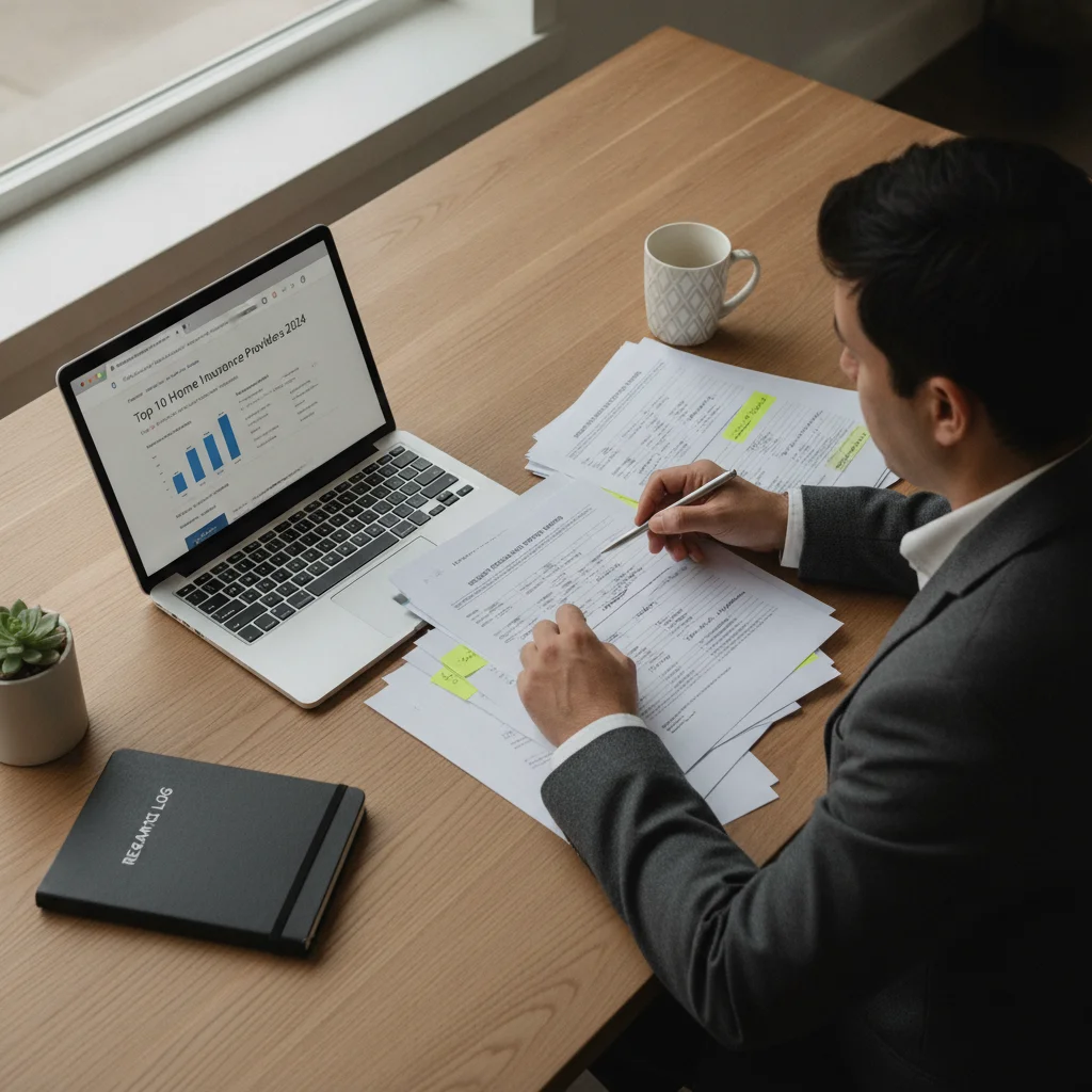Person reviewing insurance company ratings and complaint data at a well-organized desk