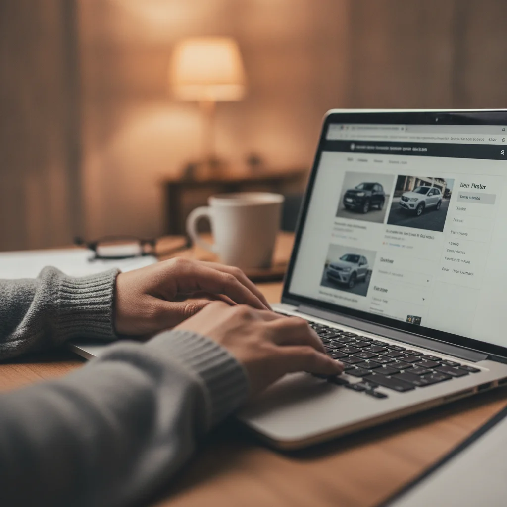 Person browsing used car listings on a laptop to research comparable vehicles before listing their own
