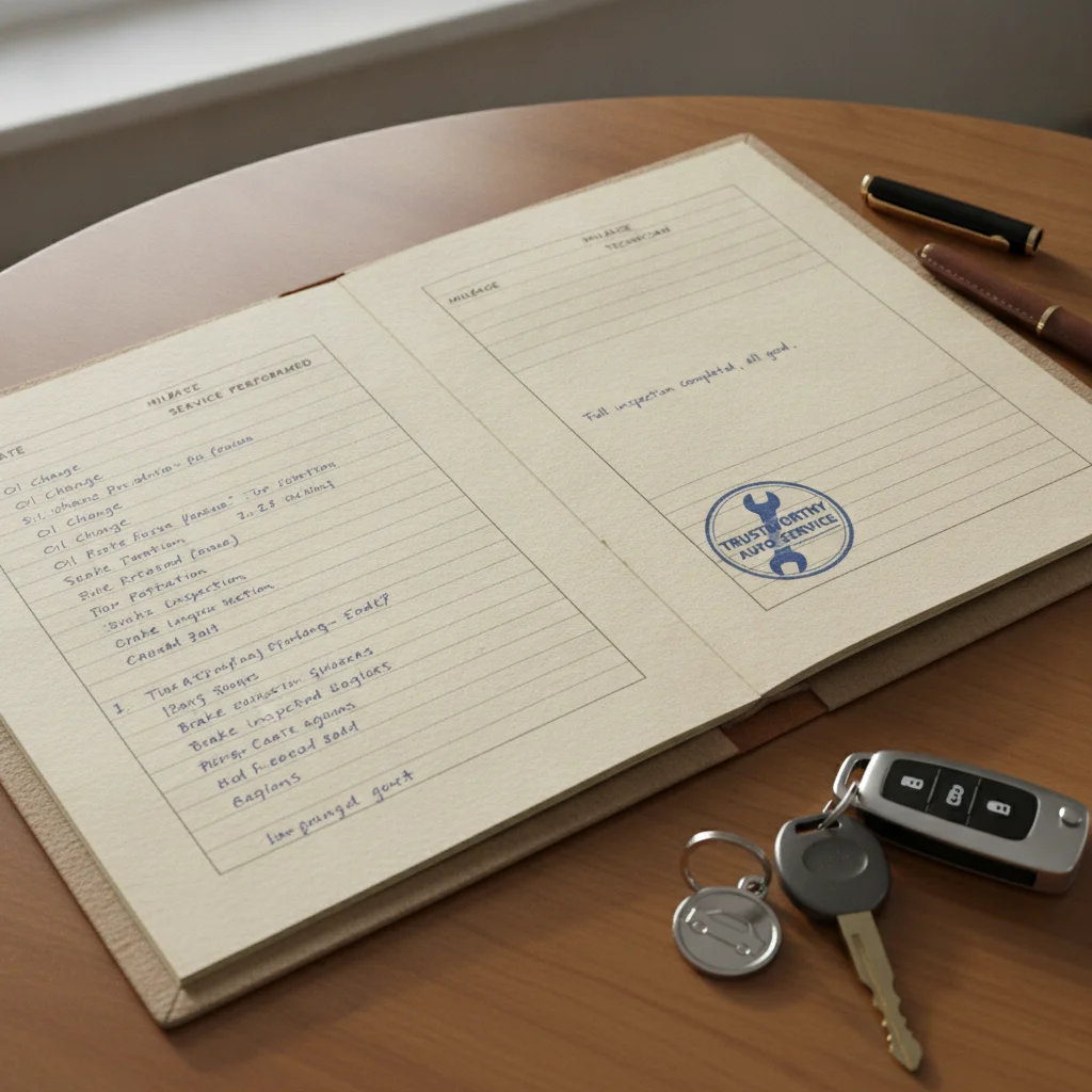 Organized vehicle service records laid out on a table next to car keys before a private sale listing