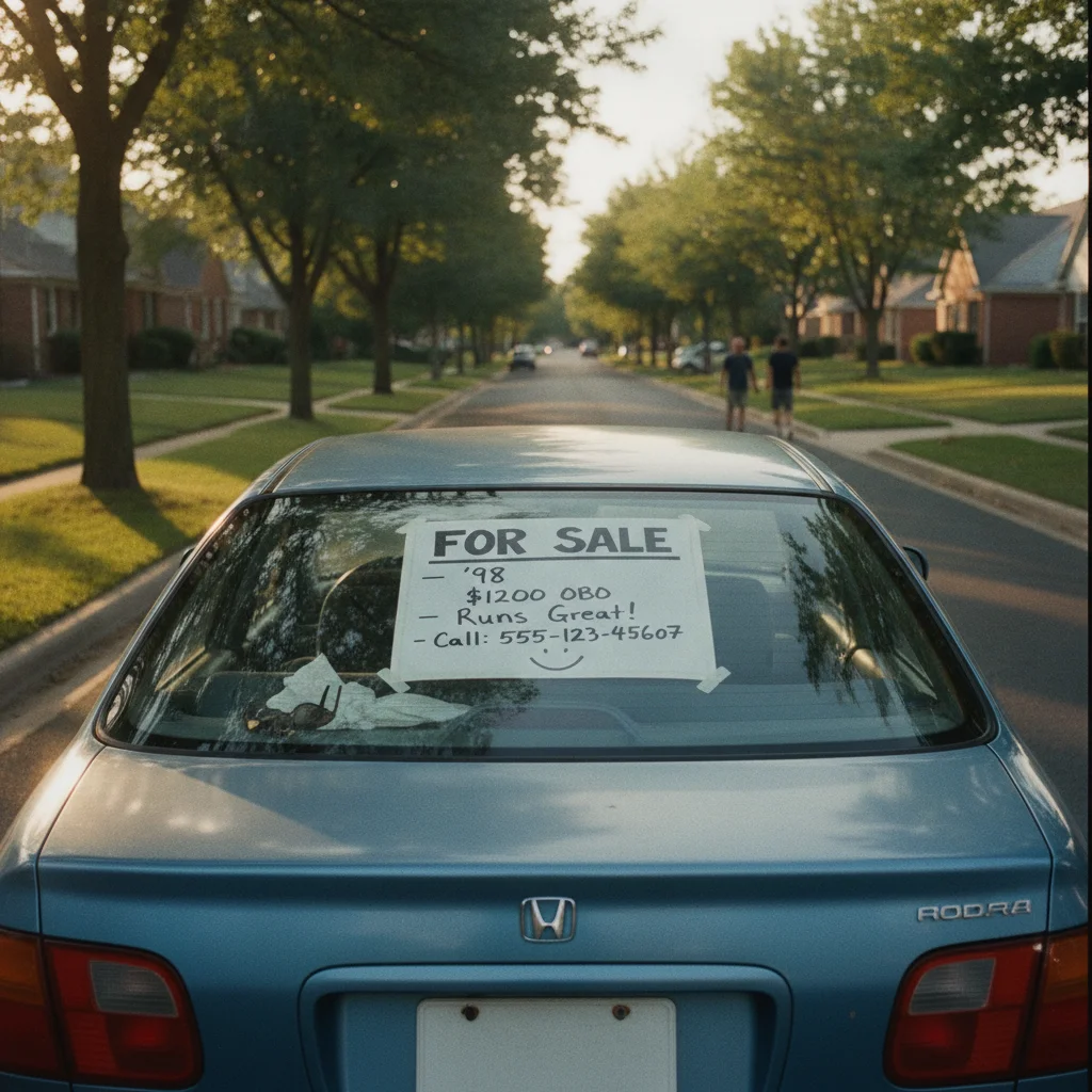 A for-sale sign placed in the windshield of a car parked on a quiet residential street