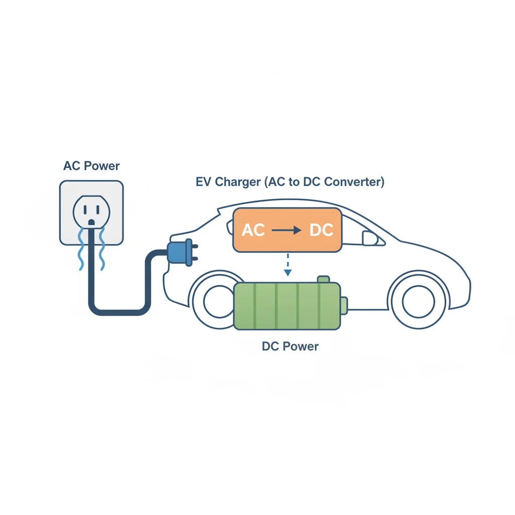 Diagram showing AC power converting to DC inside an electric vehicle through the onboard charger