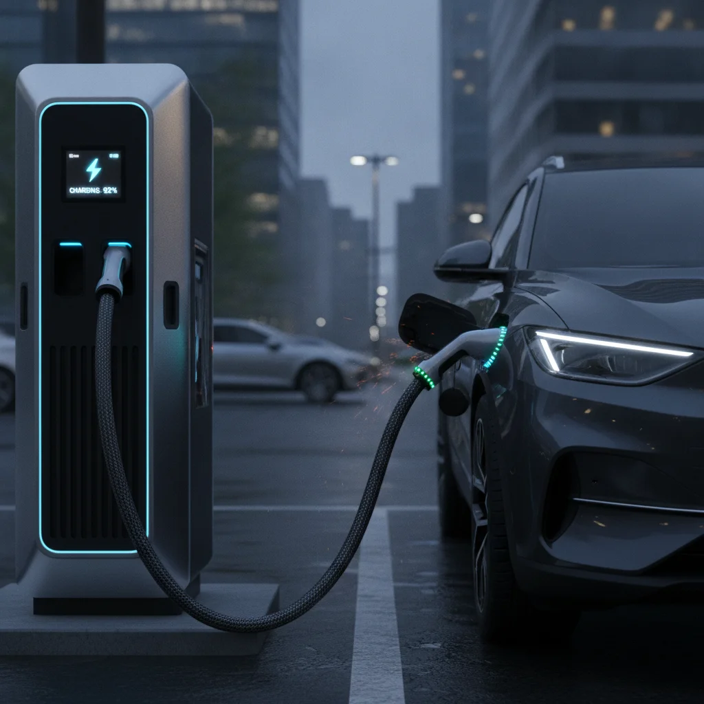 DC fast charger cable plugged into an electric SUV at a public charging station with LED indicators