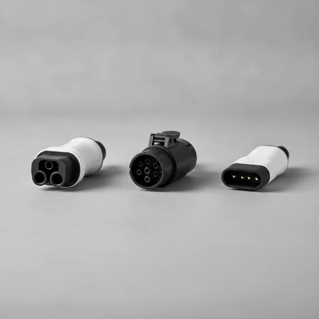 Three EV DC fast charging connector types — CCS, CHAdeMO, and NACS — displayed side by side