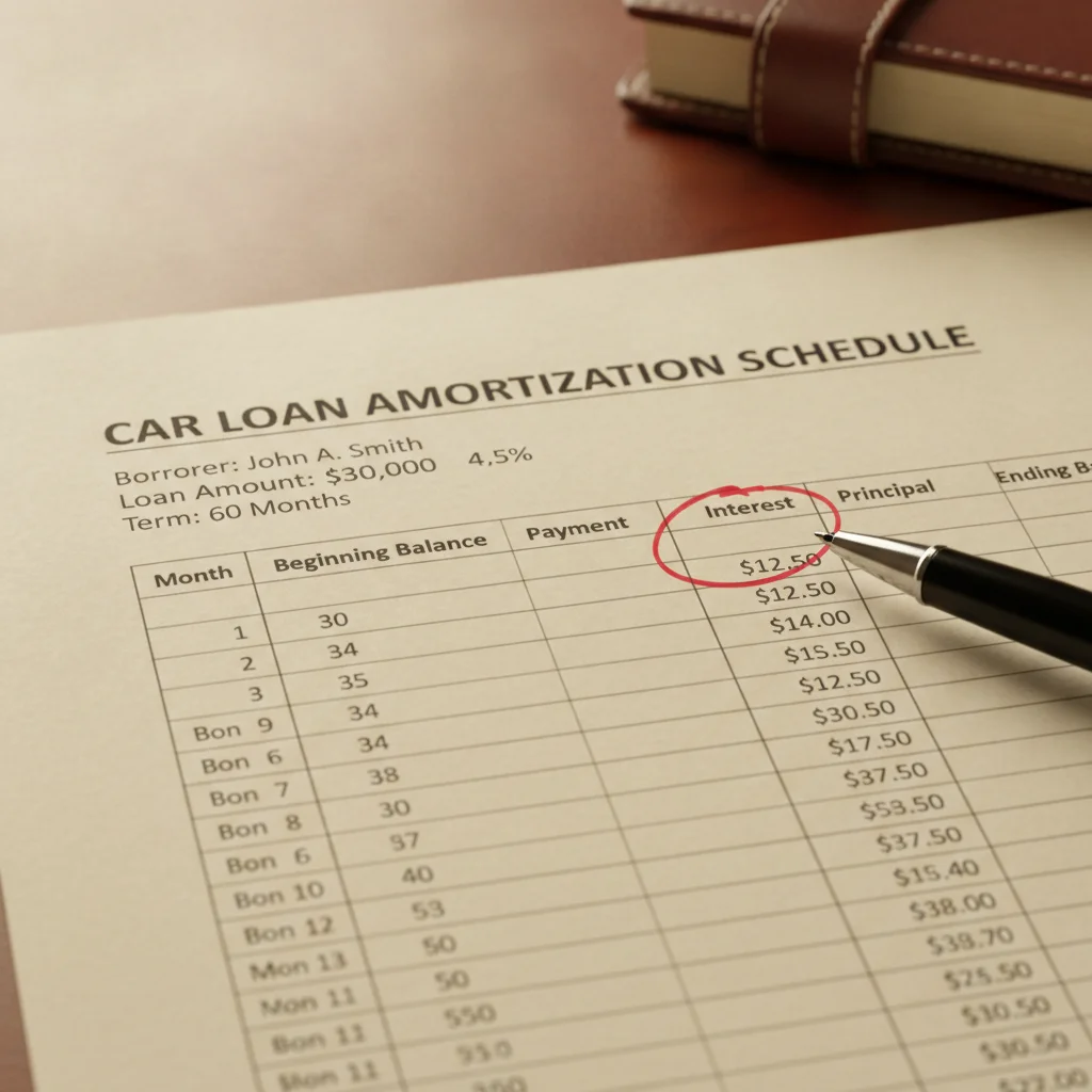 Amortization schedule showing front-loaded interest payments in the early months of an auto loan