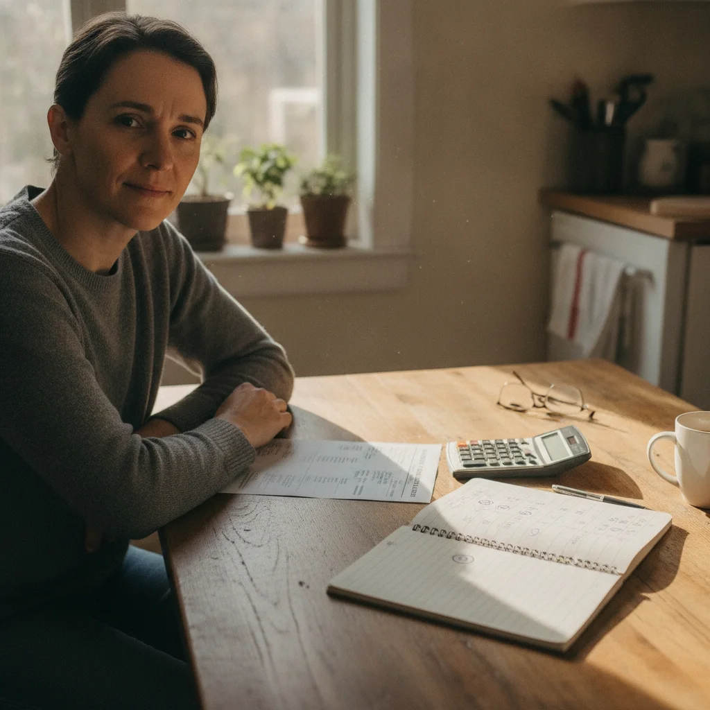 Person calculating extra monthly auto loan payments at home with a loan statement and notepad