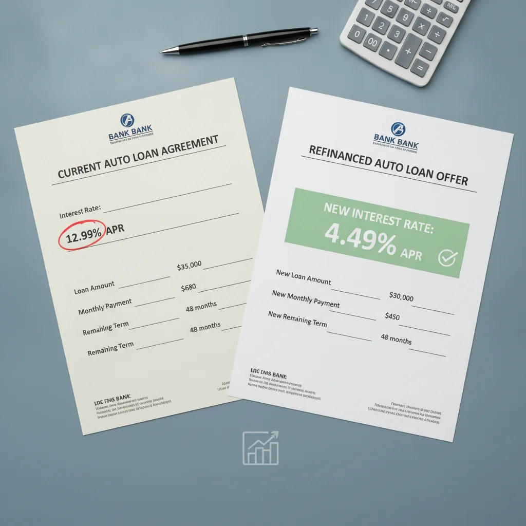 Two auto loan documents compared side by side showing original high rate and lower refinanced rate
