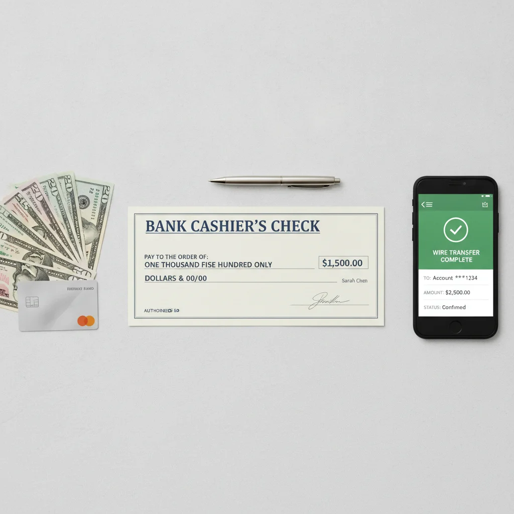 Cashier's check, cash, and wire transfer confirmation displayed side by side for comparison