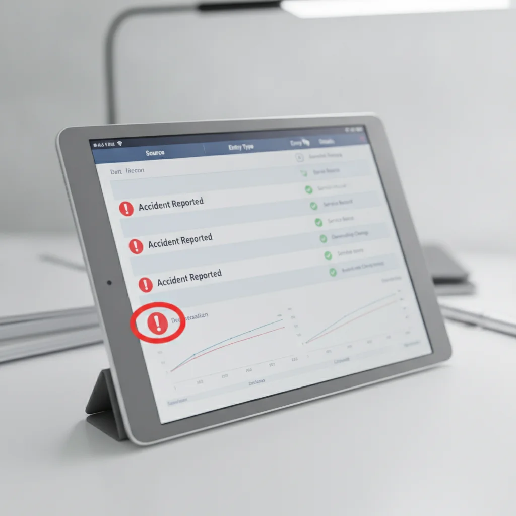 Tablet displaying a vehicle history report with accident reported flags highlighted in red