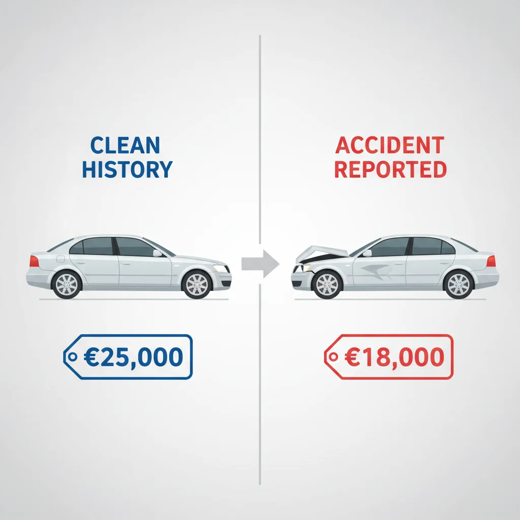 Two identical cars side by side showing price difference between clean history and accident reported vehicles