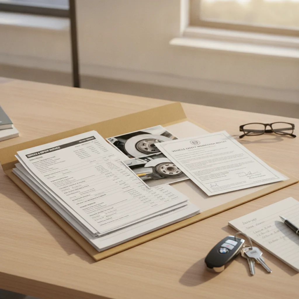 Organized folder of auto repair documentation including invoices and inspection certificates beside car keys