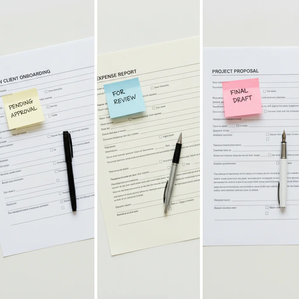 Three accident-related forms laid side by side on a desk with labeled sticky notes