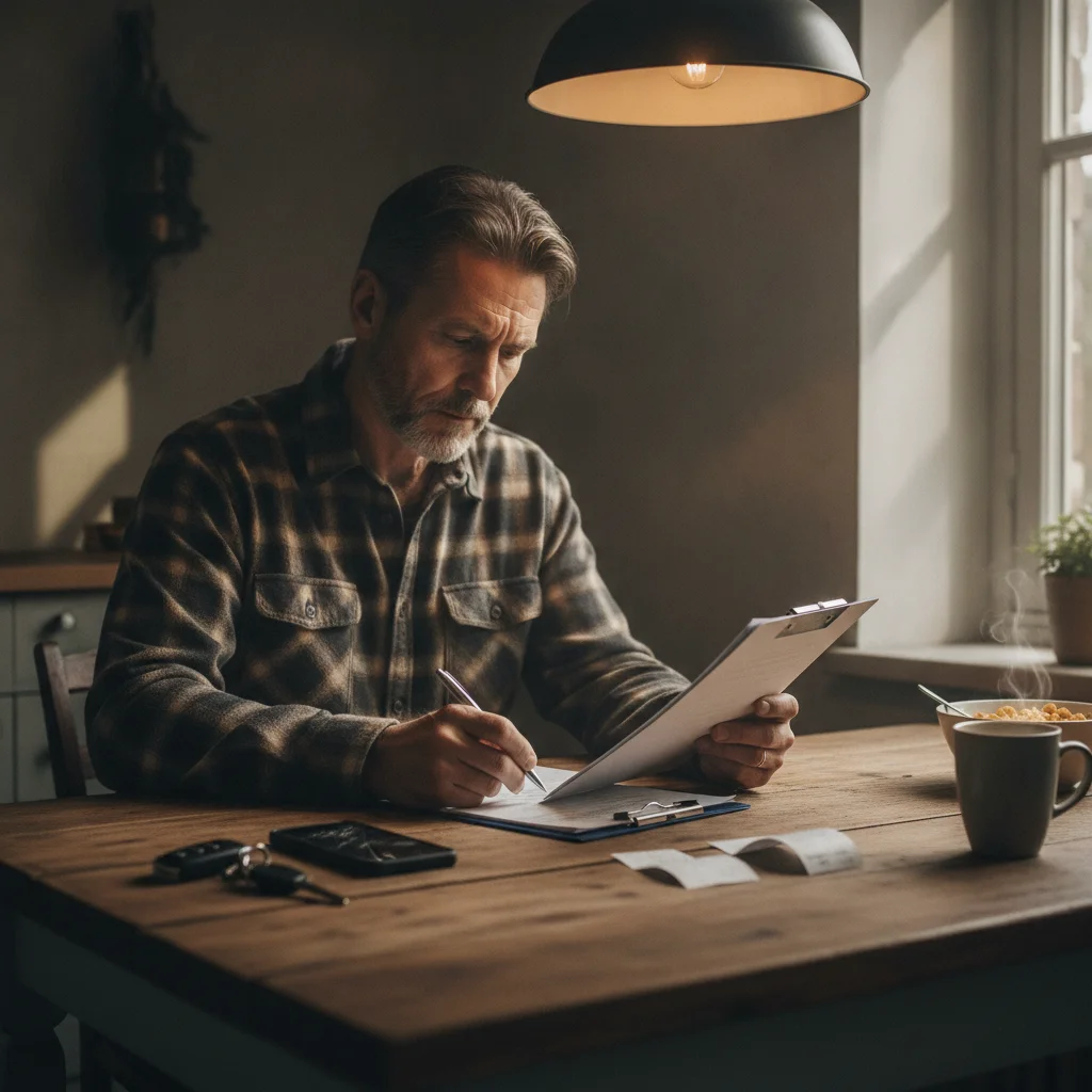 A driver completing an accident report form at a kitchen table with car keys nearby