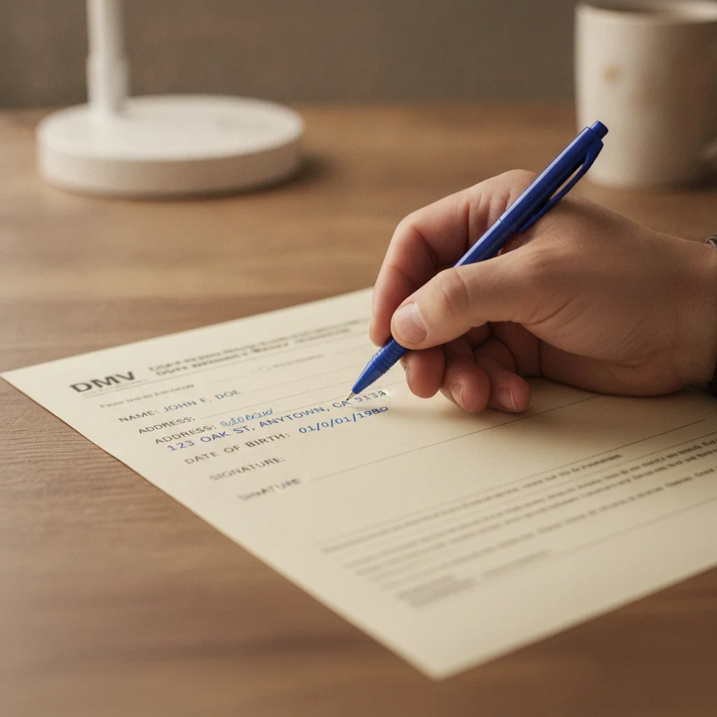 A hand holding a pen over a partially completed DMV accident filing form
