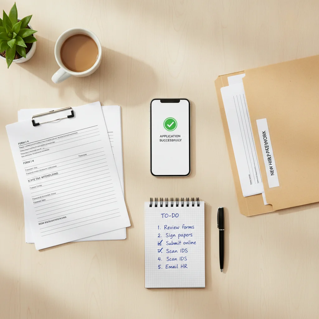 A phone showing a submission confirmation beside filed documents and a completed checklist