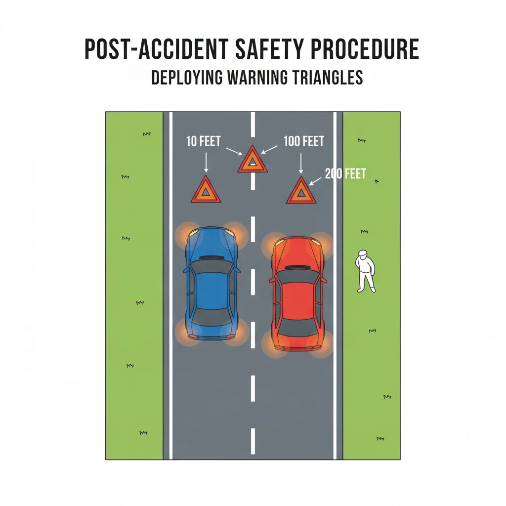 Overhead diagram showing warning triangle placement distances behind crashed vehicles on a road