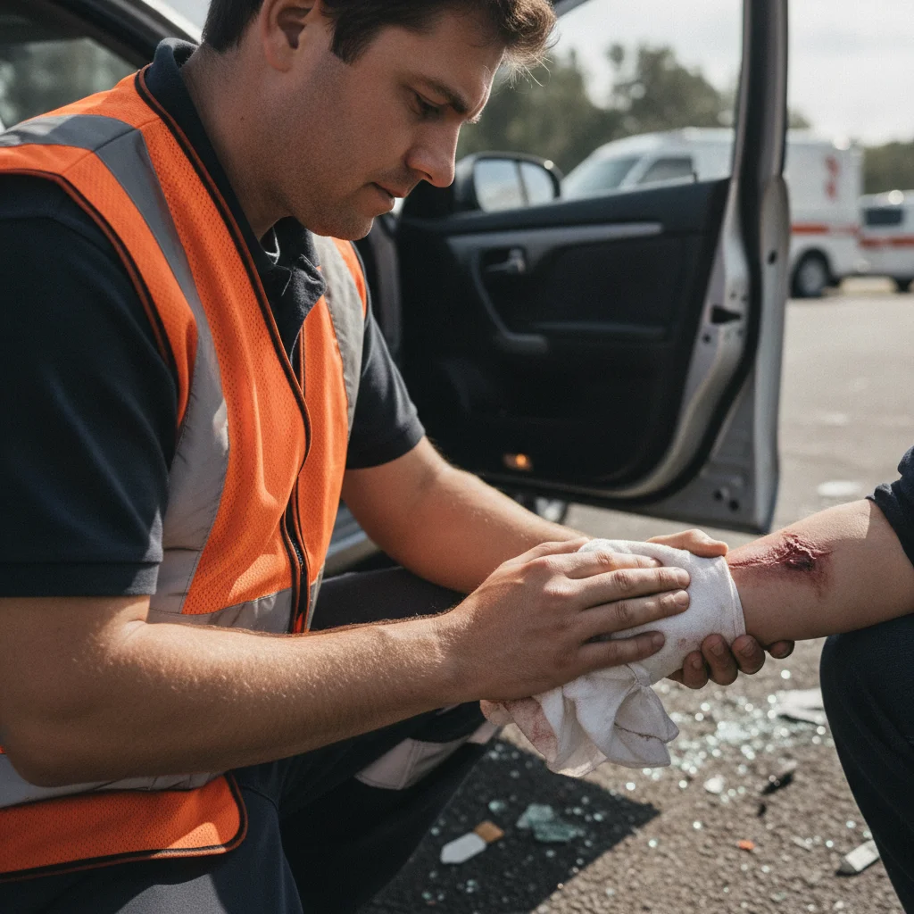 Person in safety vest applying direct pressure to an arm wound beside a car after an accident