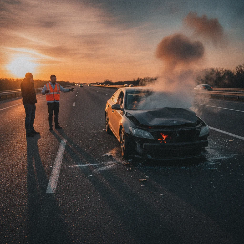 Smoke rising from a crashed car engine on a highway shoulder with two people standing at a safe distance upwind