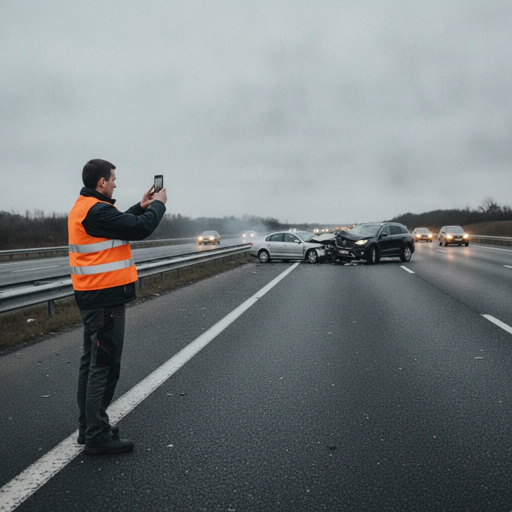 Driver in reflective vest photographing a crash scene with a smartphone while standing safely on the road shoulder