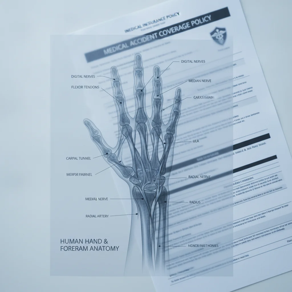 Clinical diagram of a hand and forearm resting on an insurance policy document with annotation lines