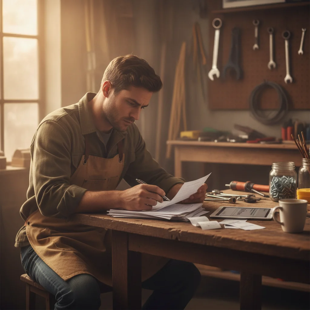 Young tradesperson reviewing insurance documents at a workshop table with tools in background