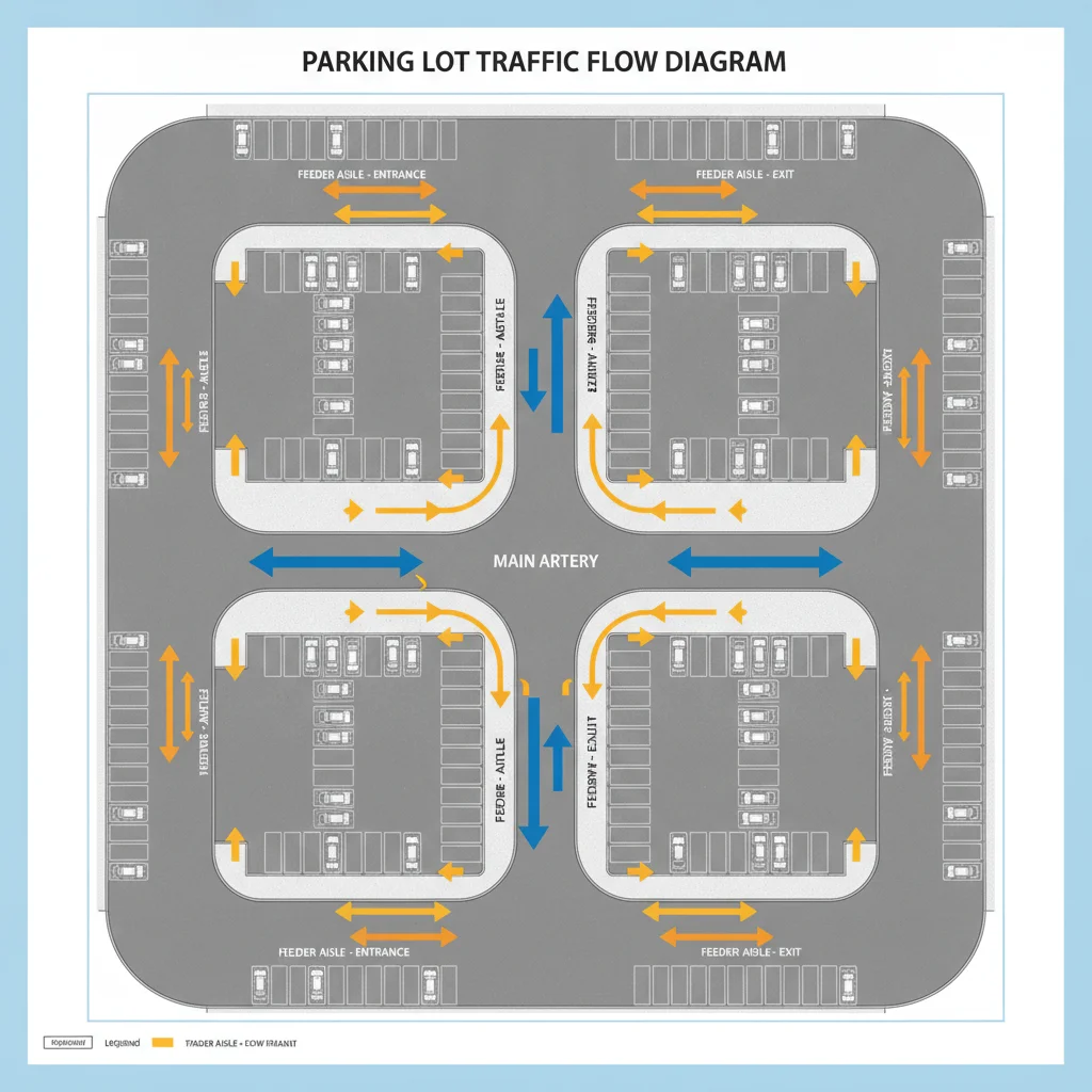 Illustrated parking lot diagram showing right-of-way hierarchy between thoroughfare lanes and feeder aisles