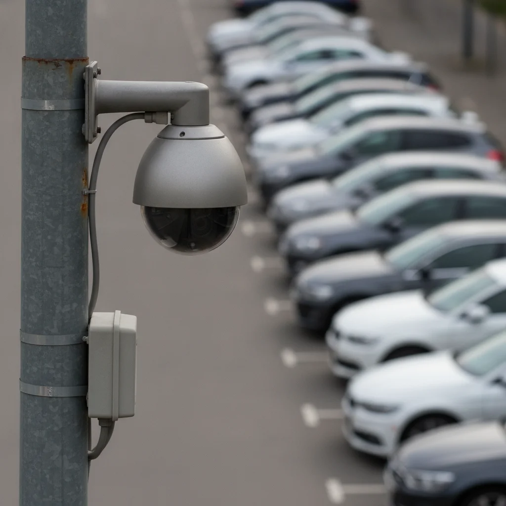 Security camera mounted on a pole overlooking a commercial parking lot full of vehicles