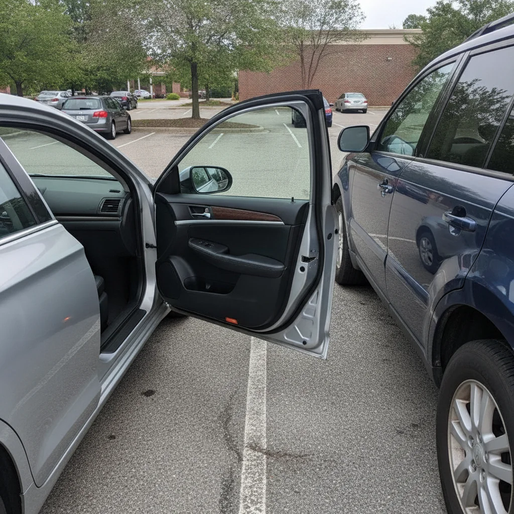 Open car door next to a parked vehicle showing a door-ding dent on its side panel