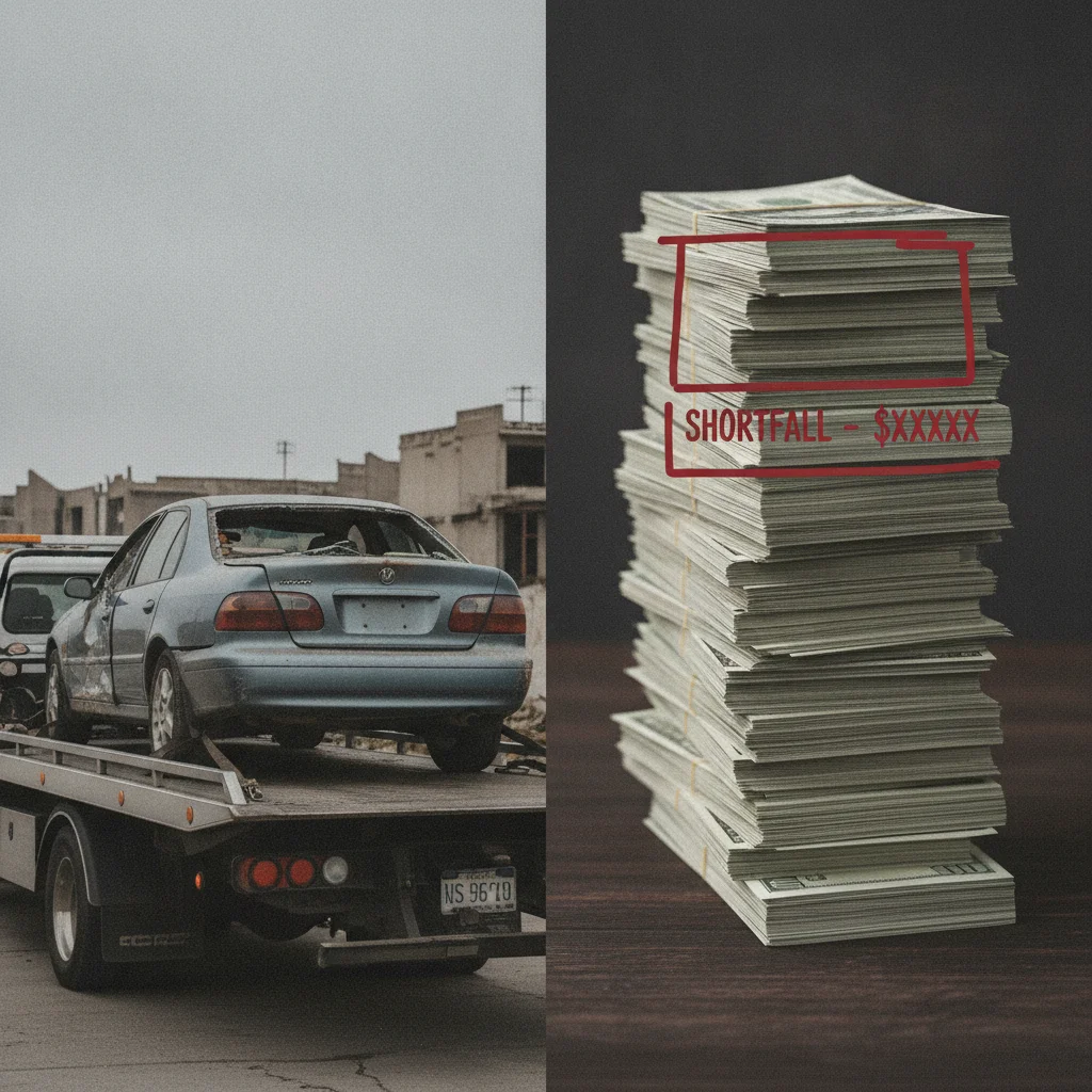A totaled car being towed alongside a visual representation of a financial shortfall in an insurance payout