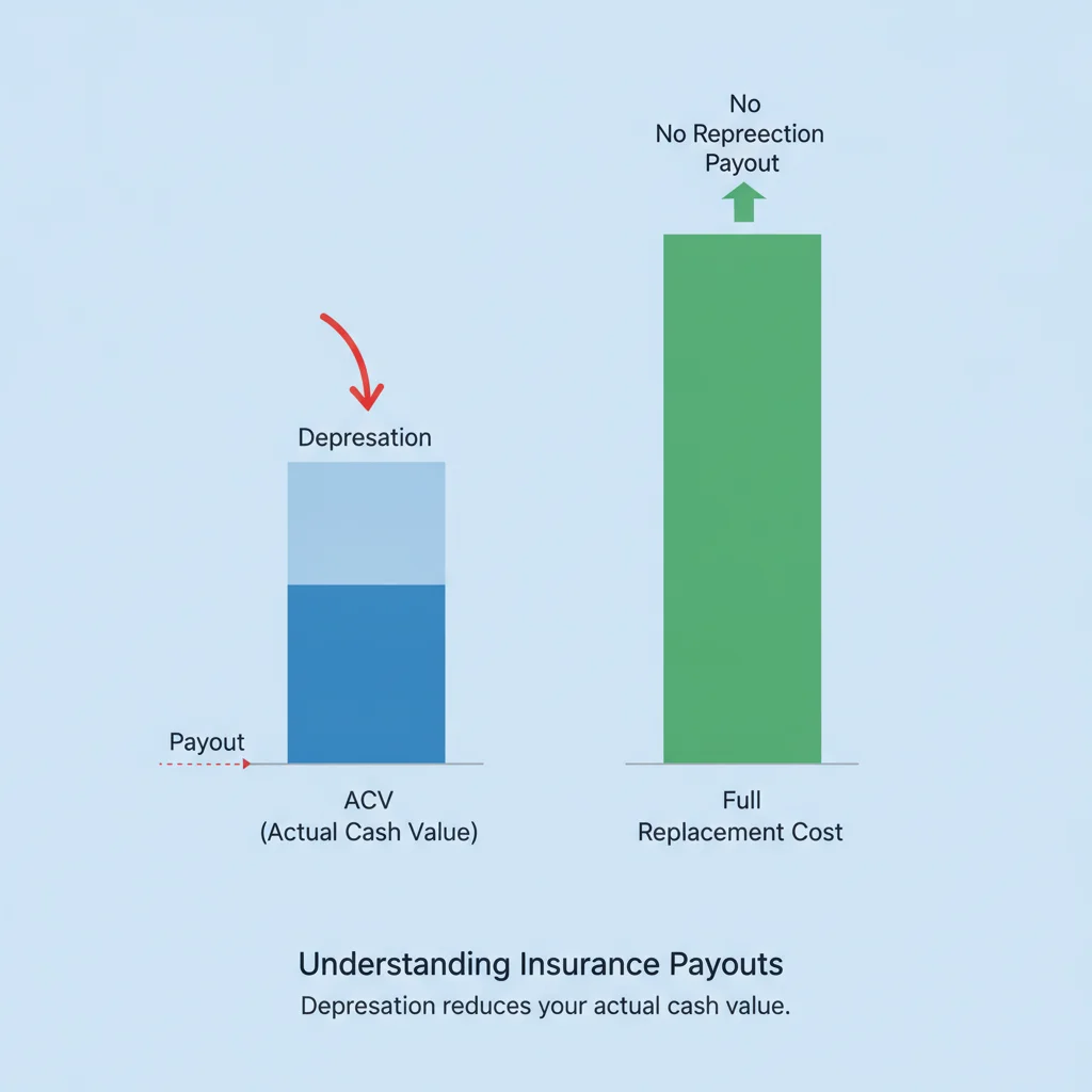 Infographic showing how ACV payout is reduced by depreciation compared to full replacement cost coverage