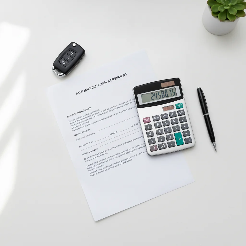 Car key, auto loan document, and calculator laid out on a white desk representing vehicle financing decisions