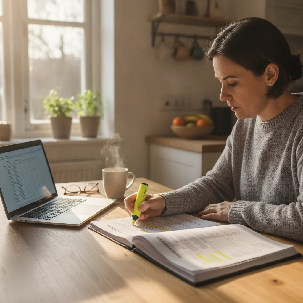 Person reviewing an auto insurance policy document at home with a highlighter and laptop