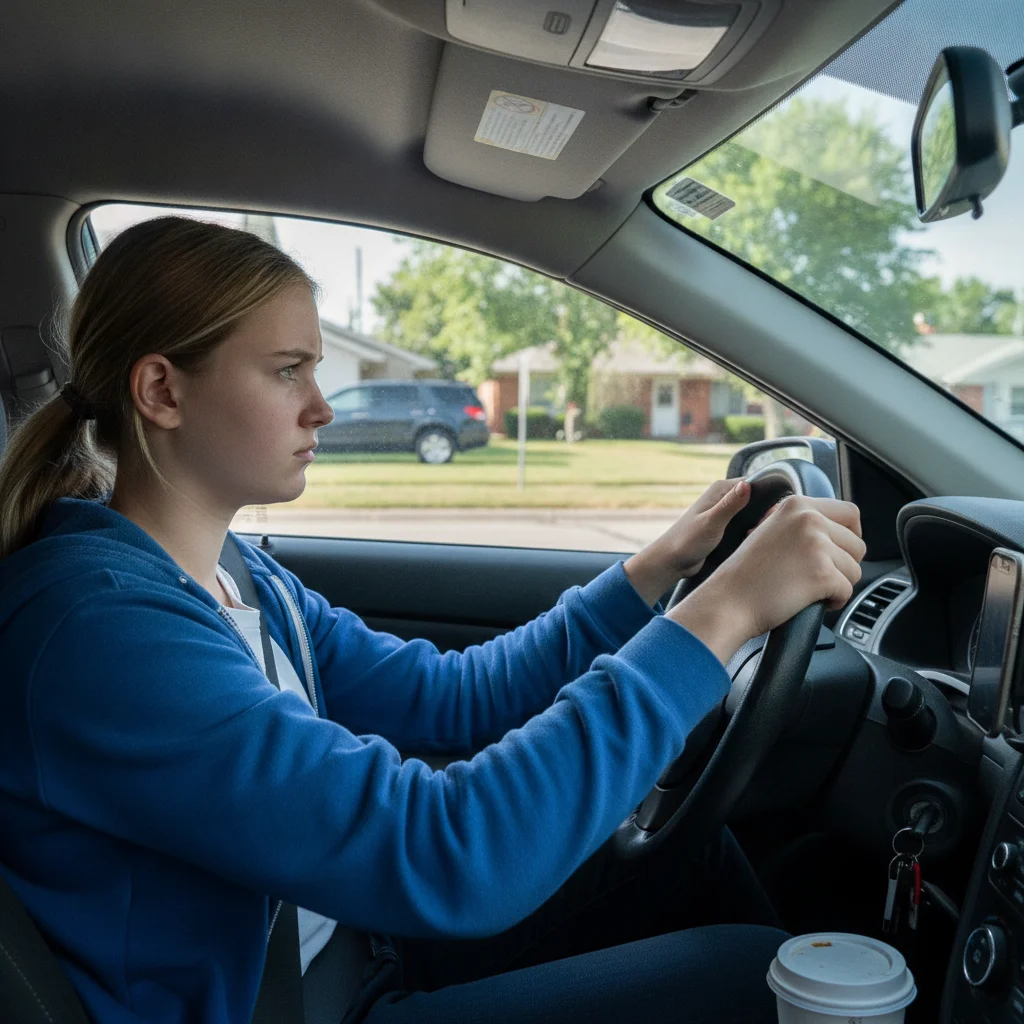 Teenage driver sitting in the driver's seat of a car on a suburban street