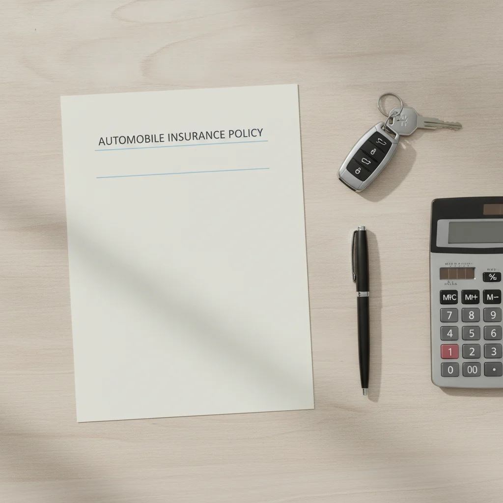 Car insurance documents, keys, pen, and calculator laid out on a desk