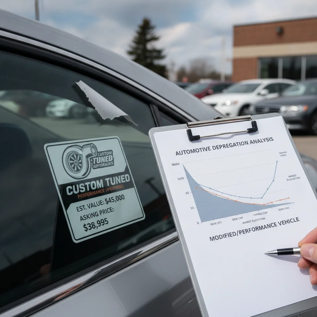 Depreciation chart on clipboard next to a modified used car in a dealership lot.