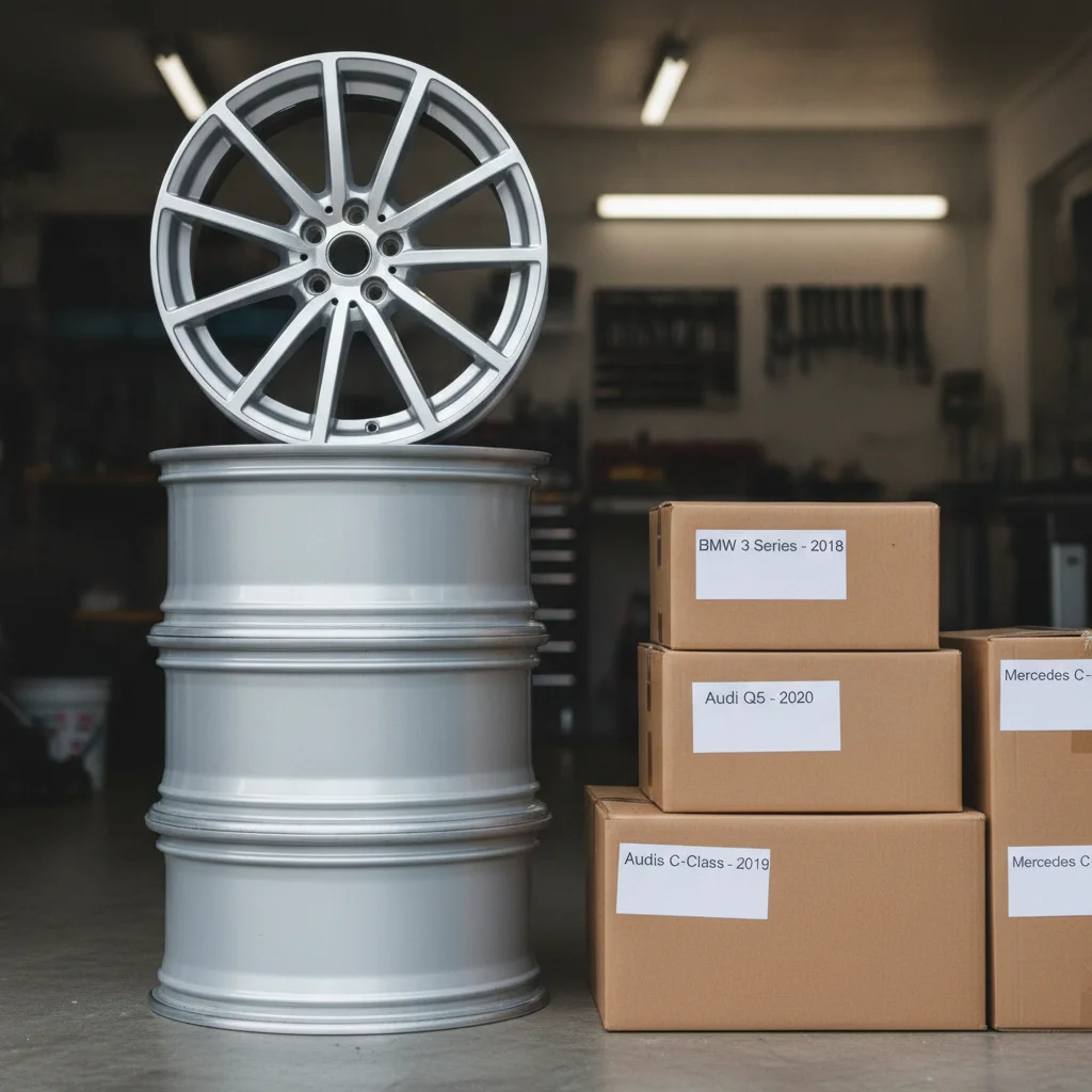 Original OEM wheels stored neatly in a garage alongside labeled boxes of stock car parts.