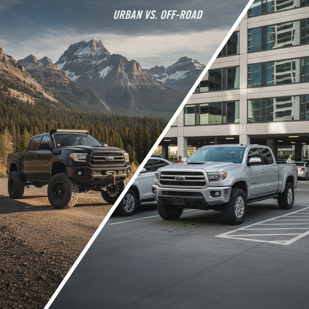 Lifted pickup truck on a mountain road next to a stock truck in an urban setting, showing market context differences.