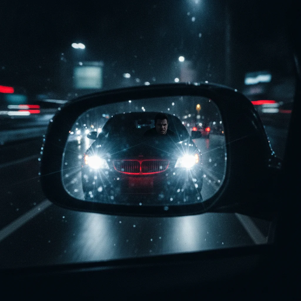Rearview mirror view of a tailgating vehicle with bright headlights at night.