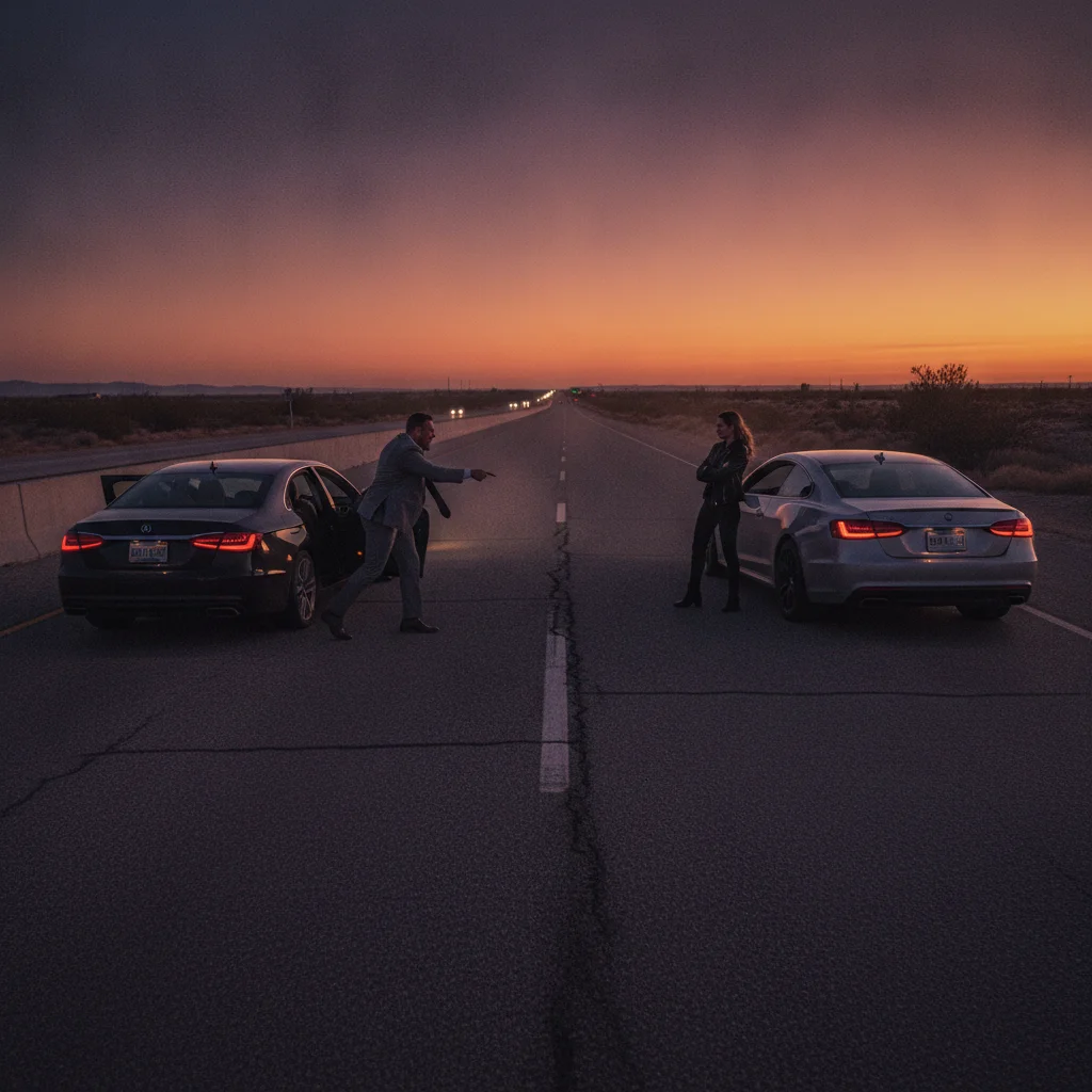 A driver exits their vehicle to confront another driver stopped on a highway shoulder.