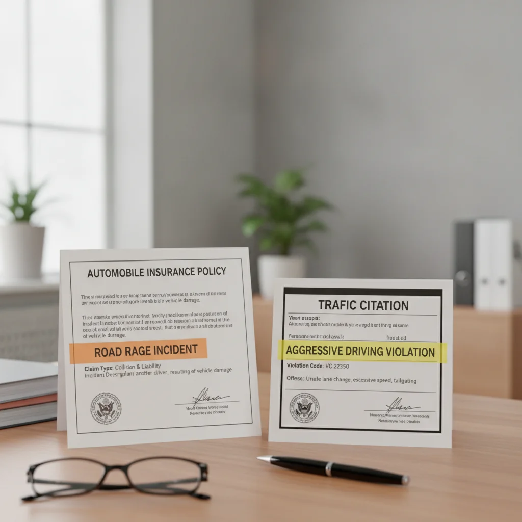 Insurance document and traffic citation placed side by side on a desk.