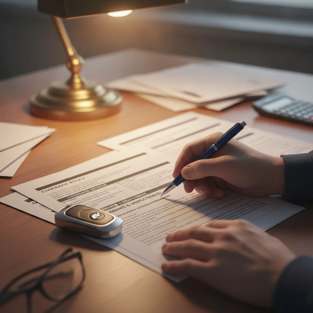 Hand reviewing auto insurance policy documents with an electric vehicle key fob nearby