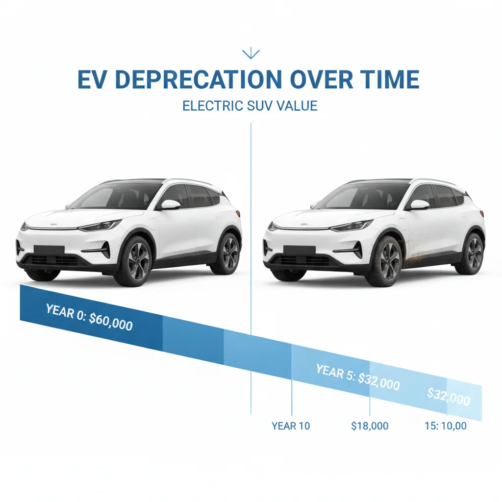 Two electric SUVs side by side illustrating new versus depreciated value with a declining chart overlay